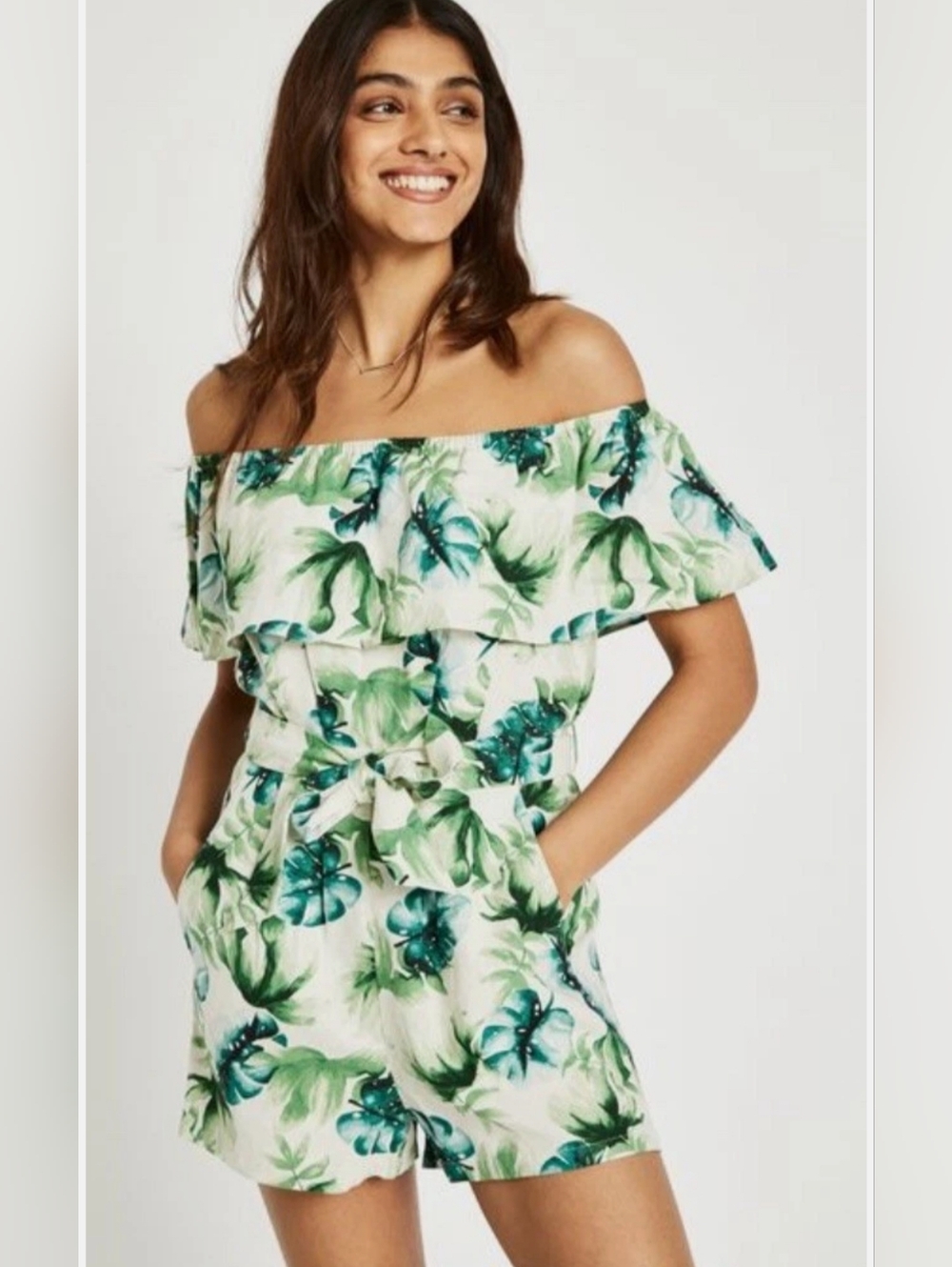 LINEN Beach Romper Size 4 Tropical Leaf Print Jack Wills
